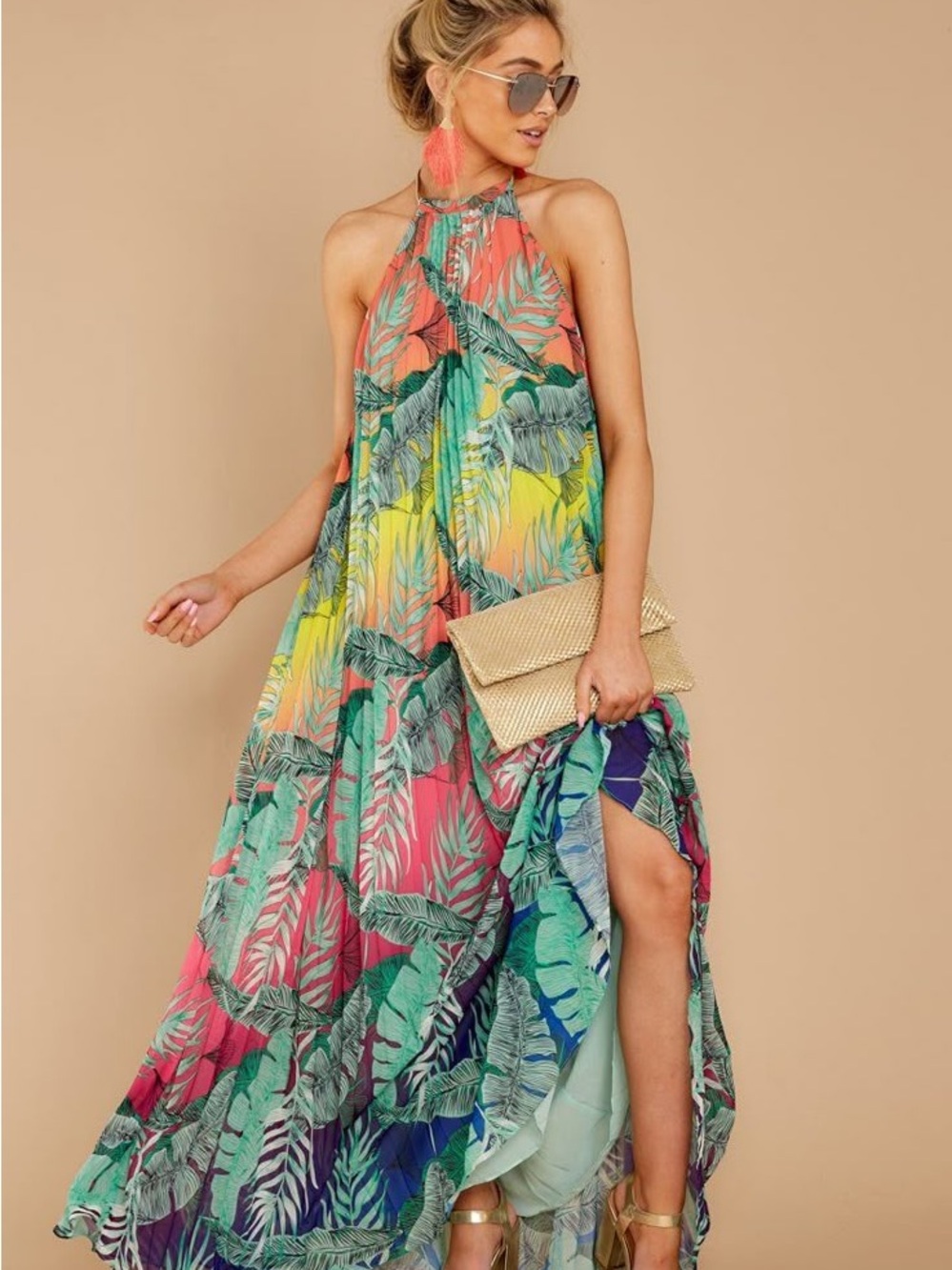 L’ATISTE Tropical Palm Print Halter Maxi Dress M